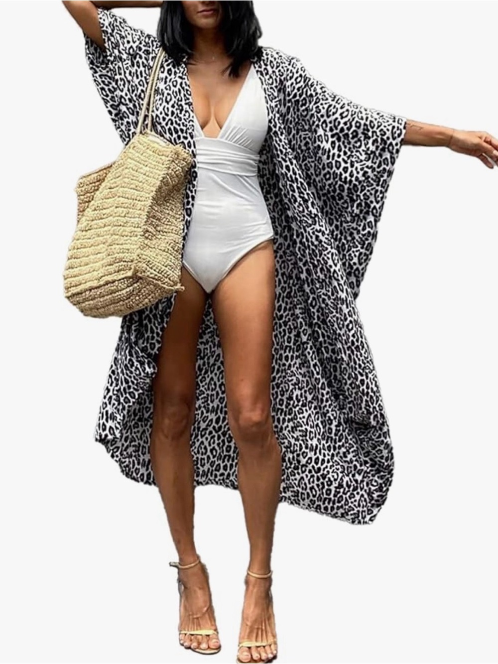 Leopard Print Black & White Swim Cover-Up Kimono